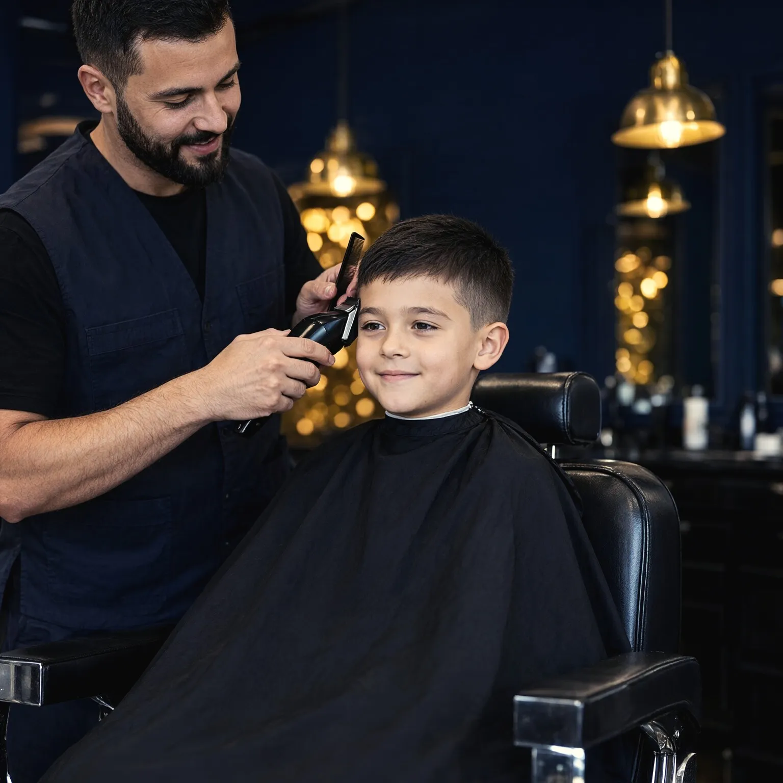Pojke får en barnklippning med maskin i barberarstolen