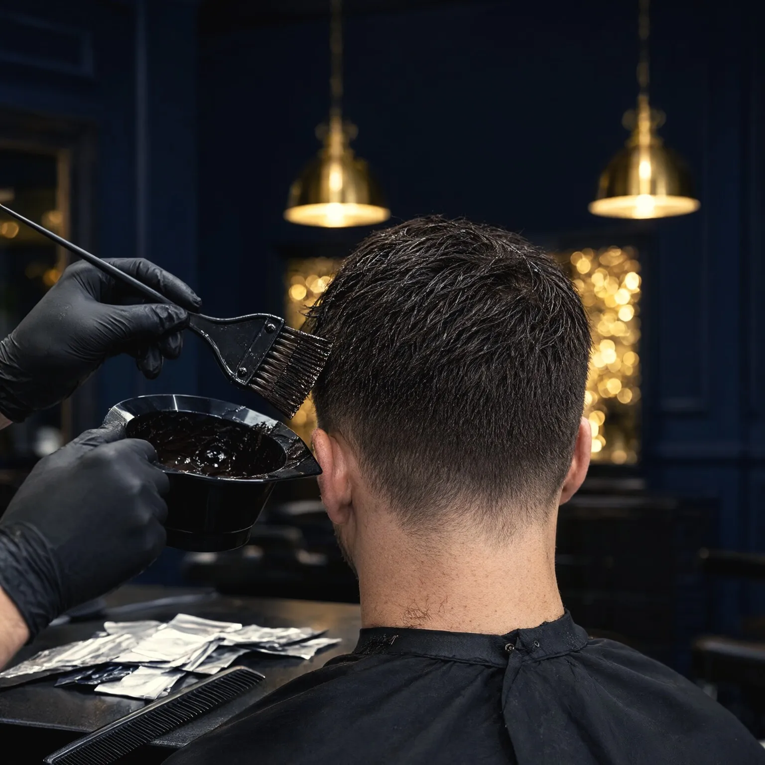 Barberare med handskar penslar hårfärg på en kunds hår